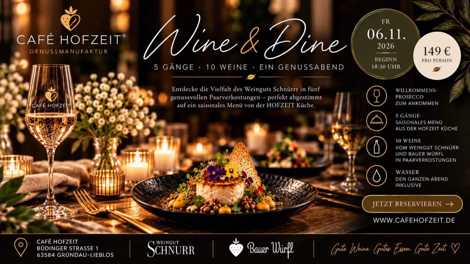 Wine & Dine im Café Hofzeit am 6. November 2026, 149 € pro Person