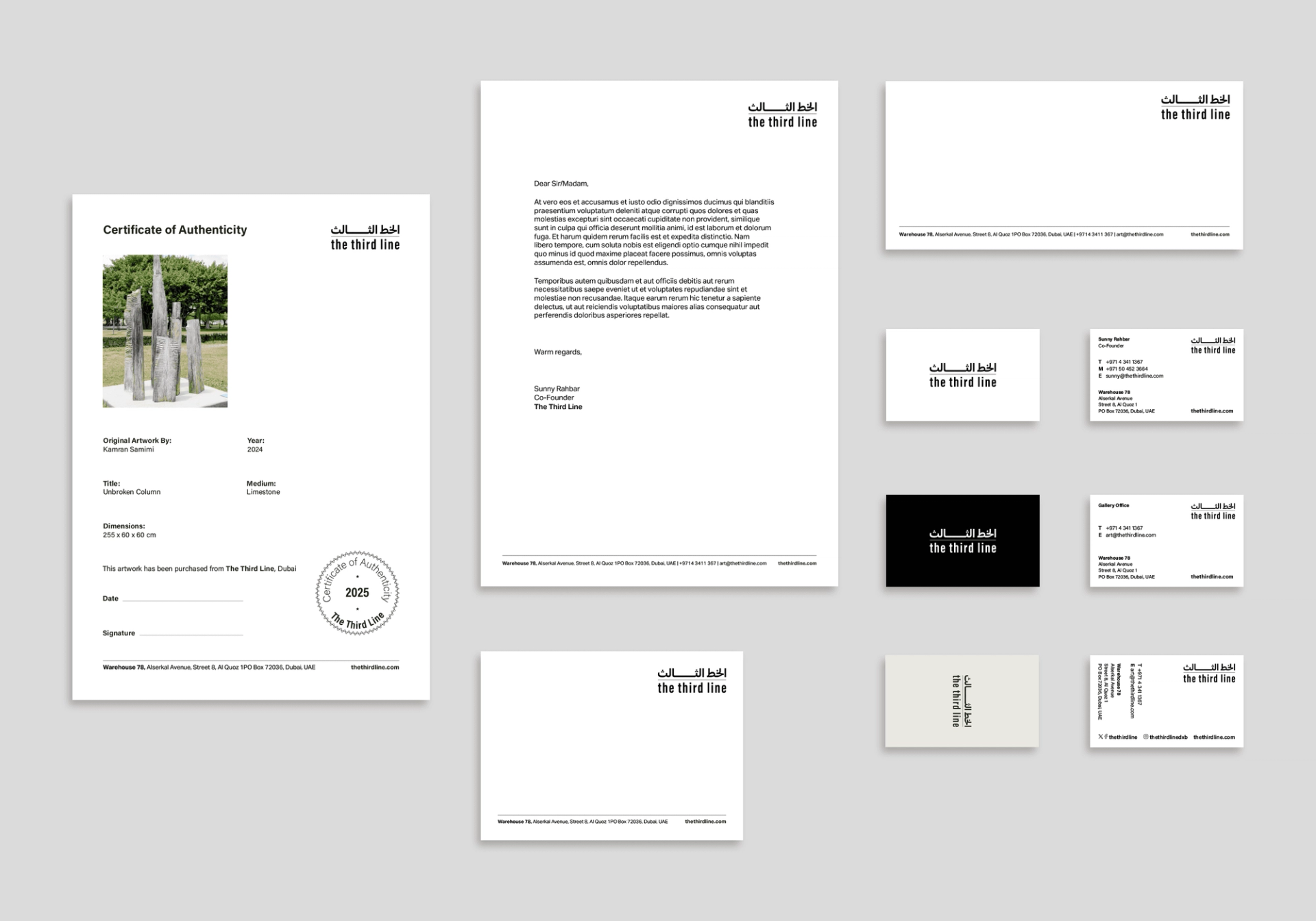 The Third Line stationery, business cards and certificate of authenticity