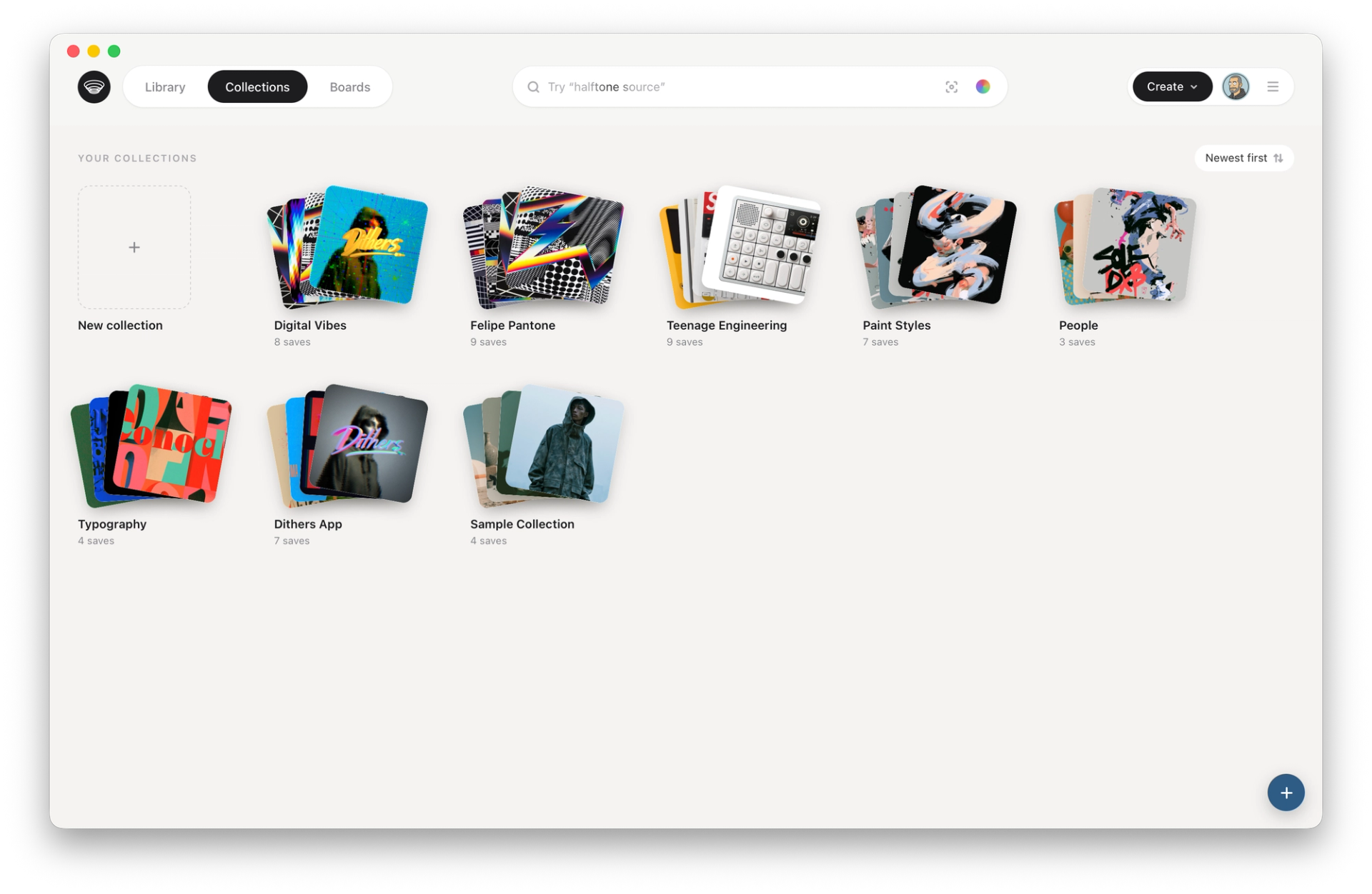 A row of collections in Conocle, each a named stack of saves