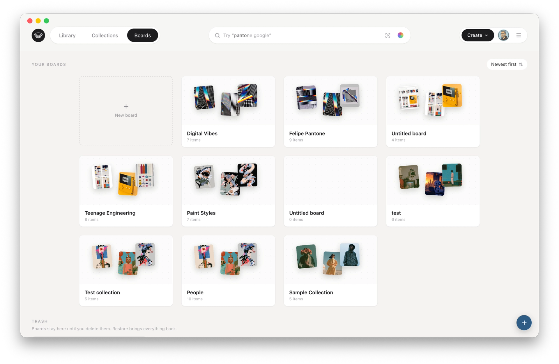 Screenshot of Conocle app 'boards' page