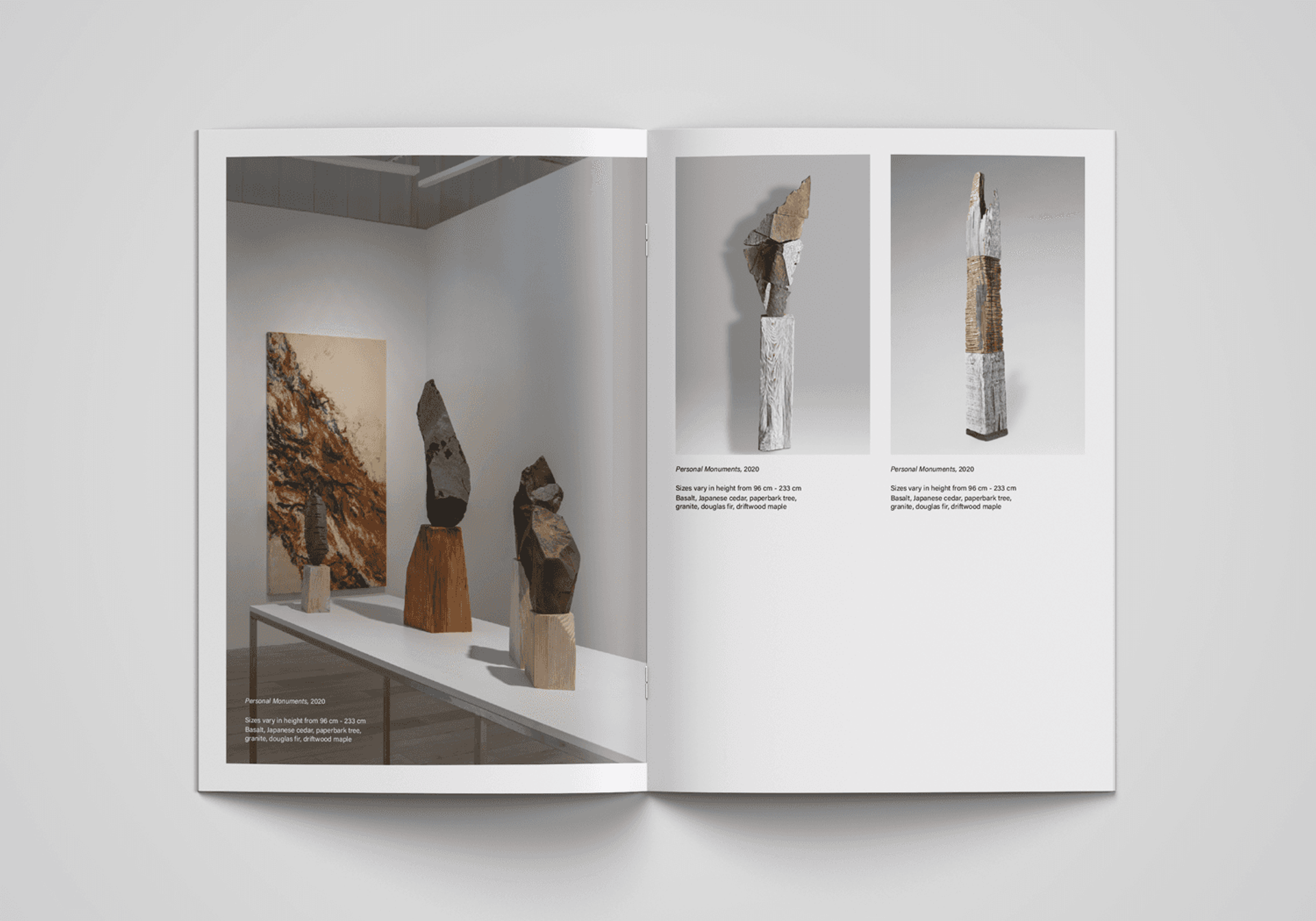 Artwork and gallery photographs in a catalogue spread
