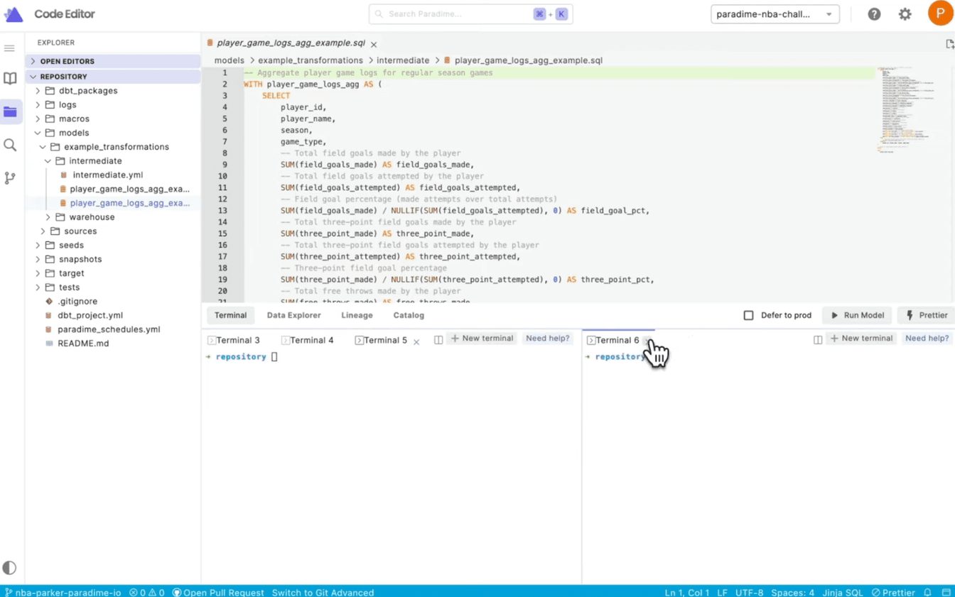 Terminal | Get to know the Paradime IDE Apps Panel | dbt