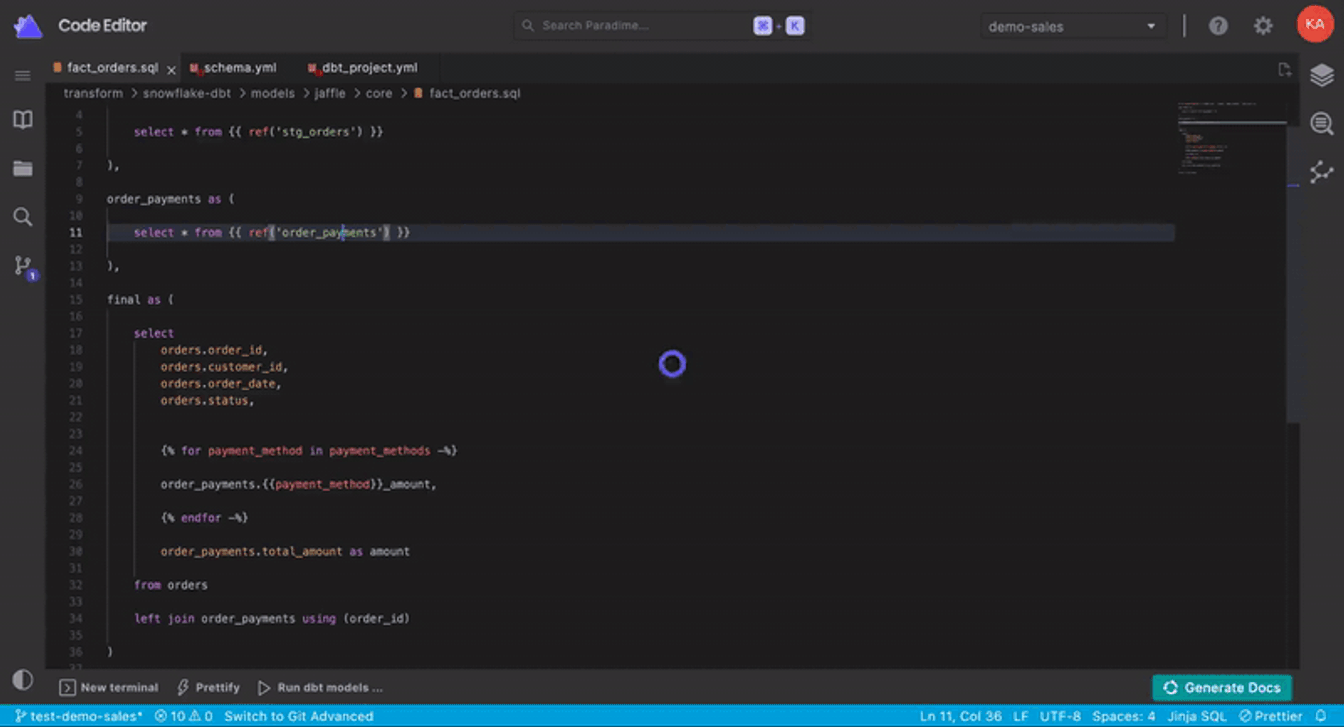 Code IDE Go to definition | Paradime | Analytics Engineering using dbt™