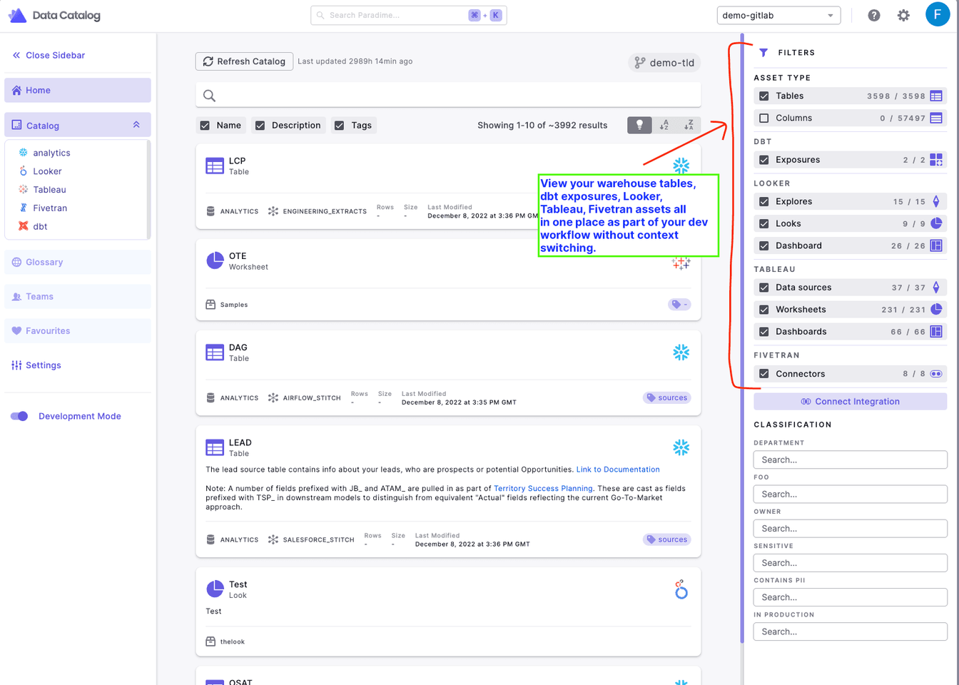 Paradime docs - filtering and viewing various different data assets