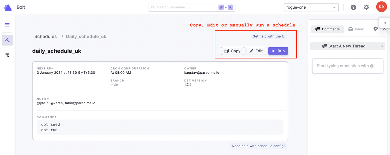 Schedule toolbar - copy, edit, or manually run a schedule | Paradime | Analytics Engineering using dbt™