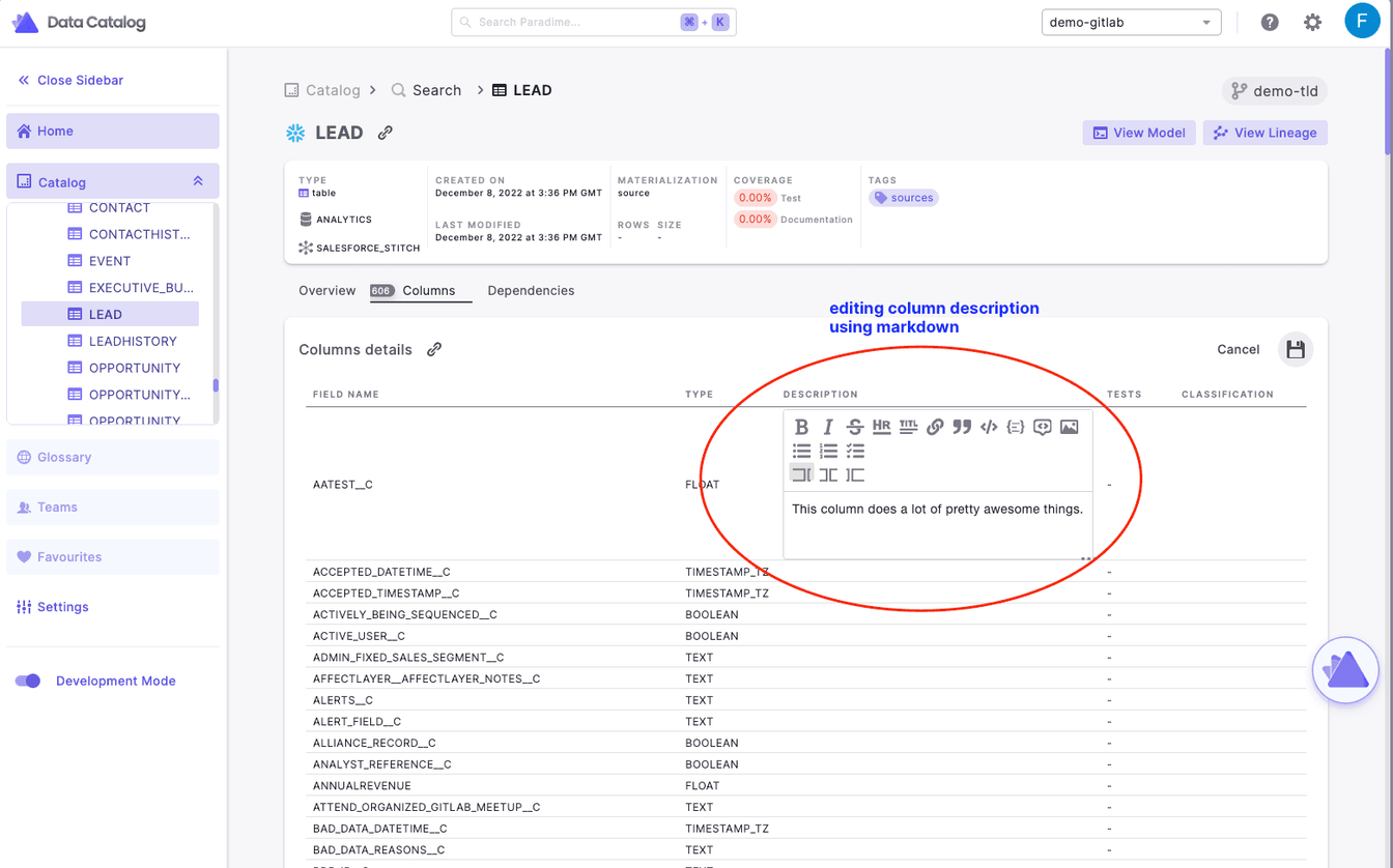 Paradime Docs - editing column descriptions in Markdown