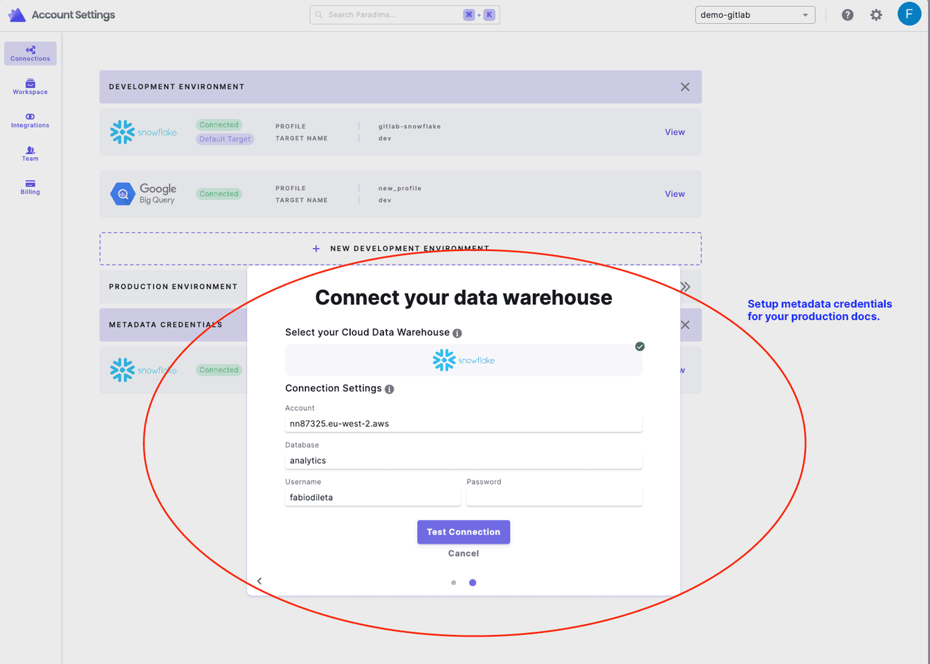 Paradime docs - Metadata credentials settings