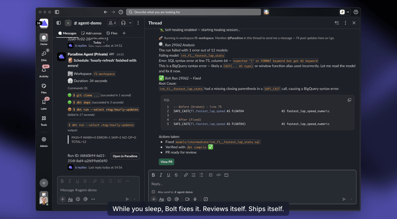 DinoAI fixing a BigQuery SAFE_CAST syntax error end-to-end in Slack, with root cause, before/after SQL, and a View PR button