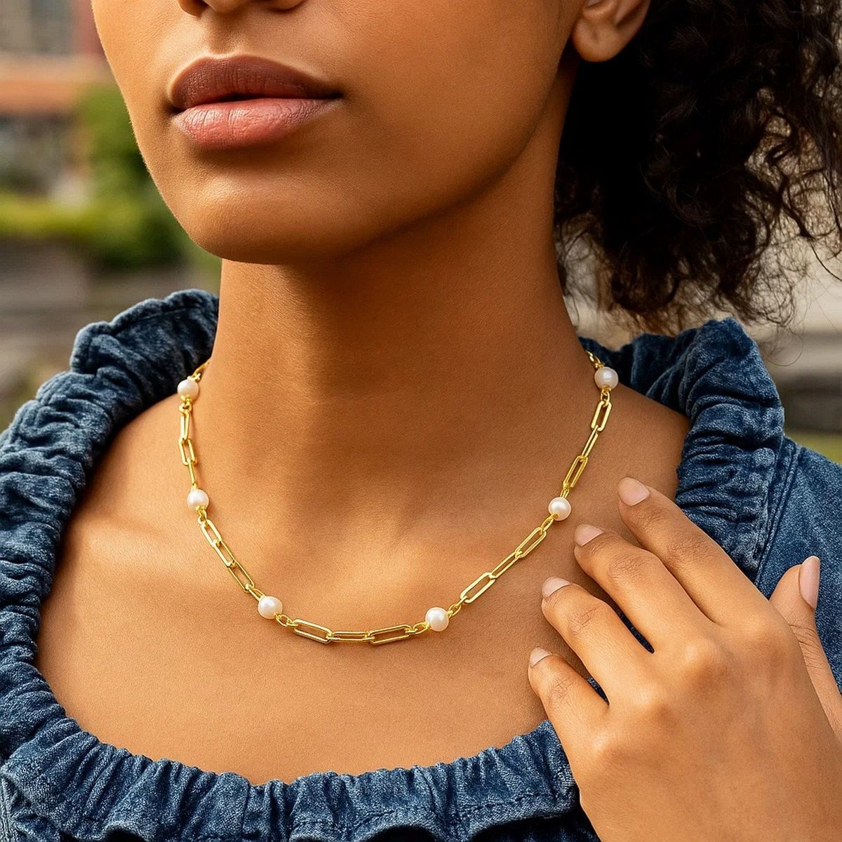 14k Yellow Gold Paperclip Chain and Pearl Necklace thumbnail 3