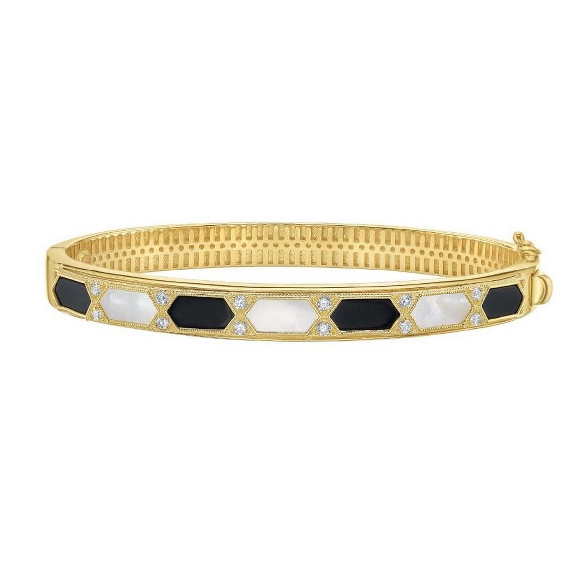 14K Yellow Gold Black And White Art Deco Hexagon Bangle thumbnail 3