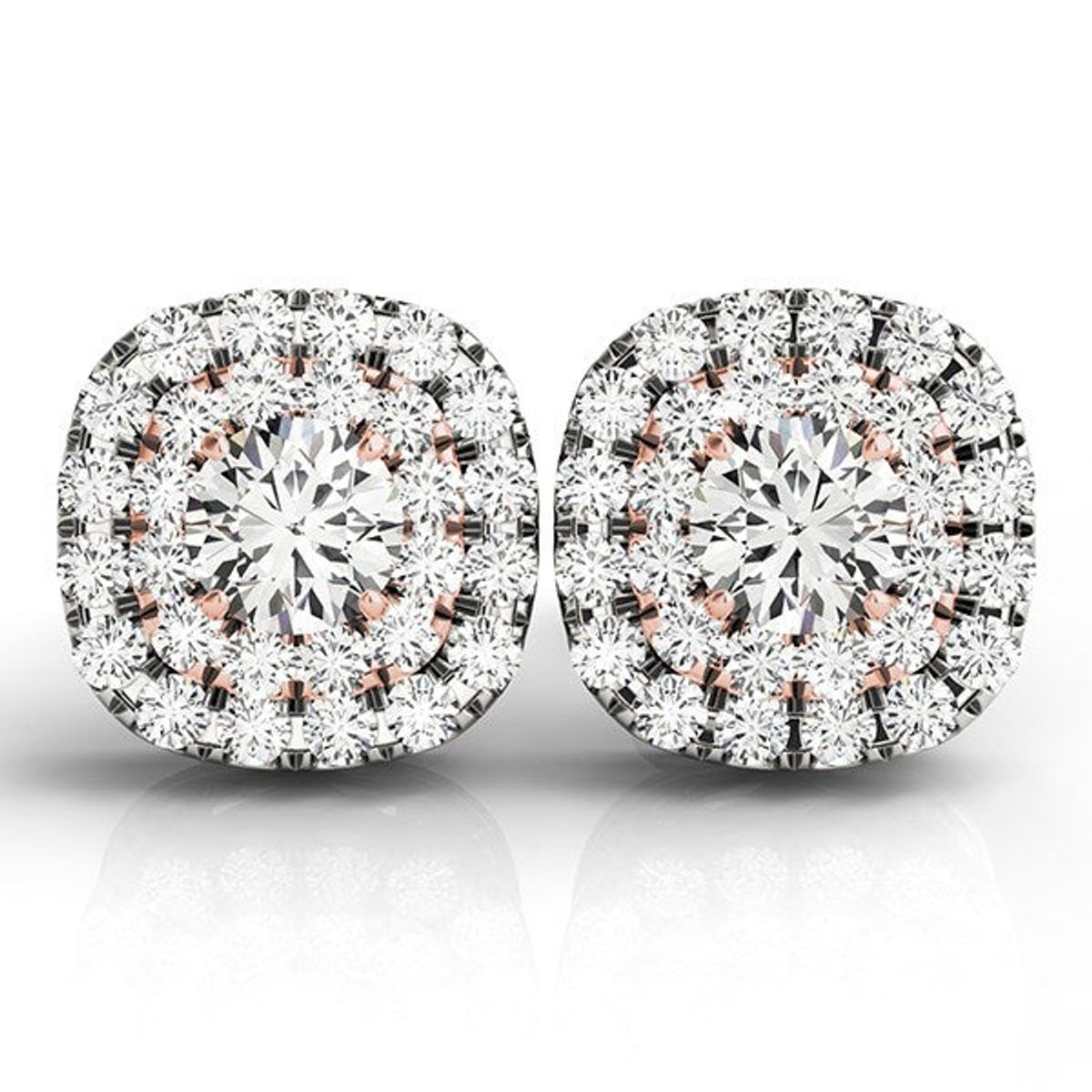 14k White and Rose Gold Cushion Shape Halo Diamond Earrings (3/4 cttw)