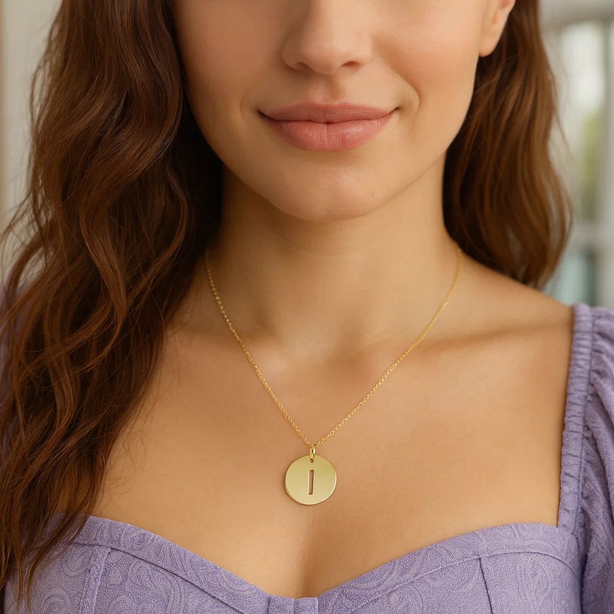 14K Yellow Gold Disc Initial I Pendant thumbnail 3