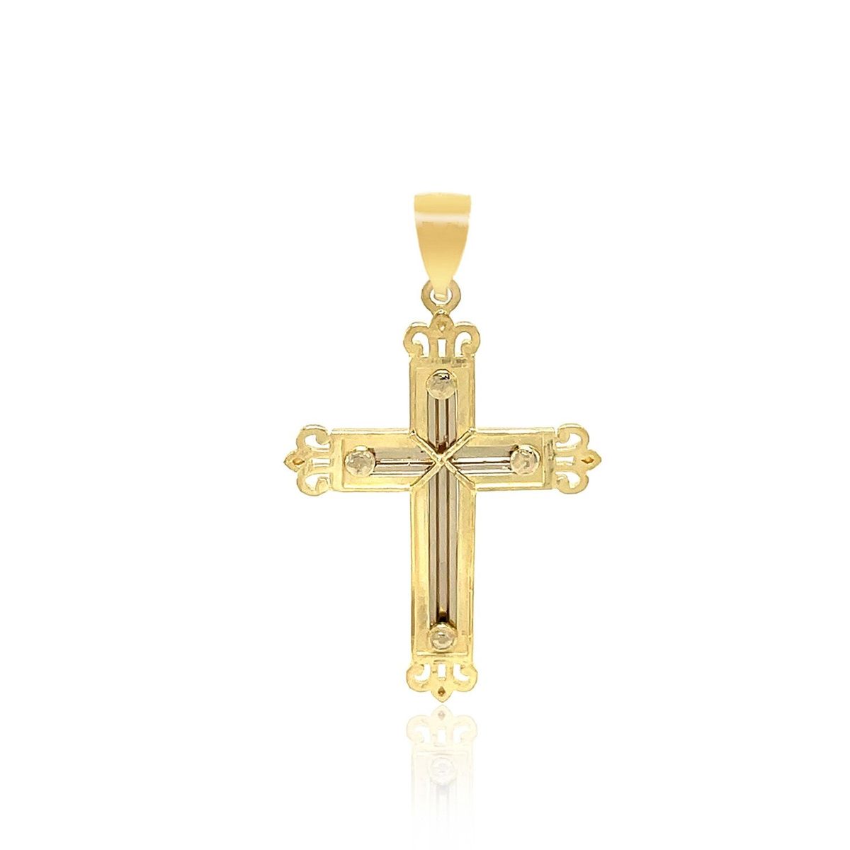 14k Two-Tone Gold Cross Pendant with an Ornate Budded Style thumbnail 2