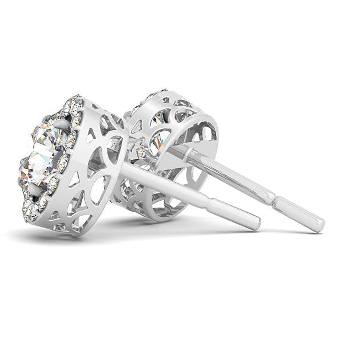 14k White Gold Four Prong Round Halo Diamond Earrings (1 1/6 cttw) thumbnail 2