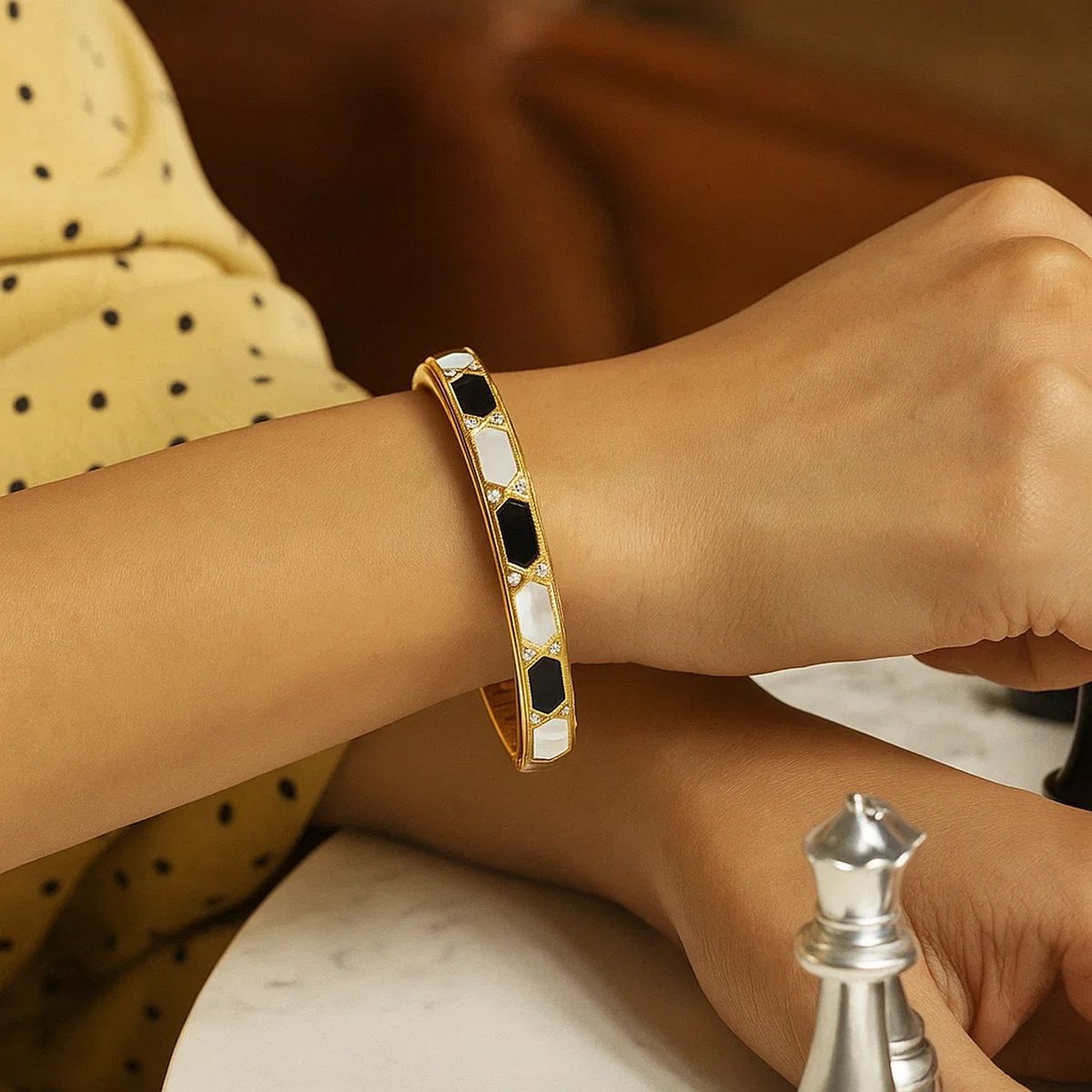 14K Yellow Gold Black And White Art Deco Hexagon Bangle thumbnail 5