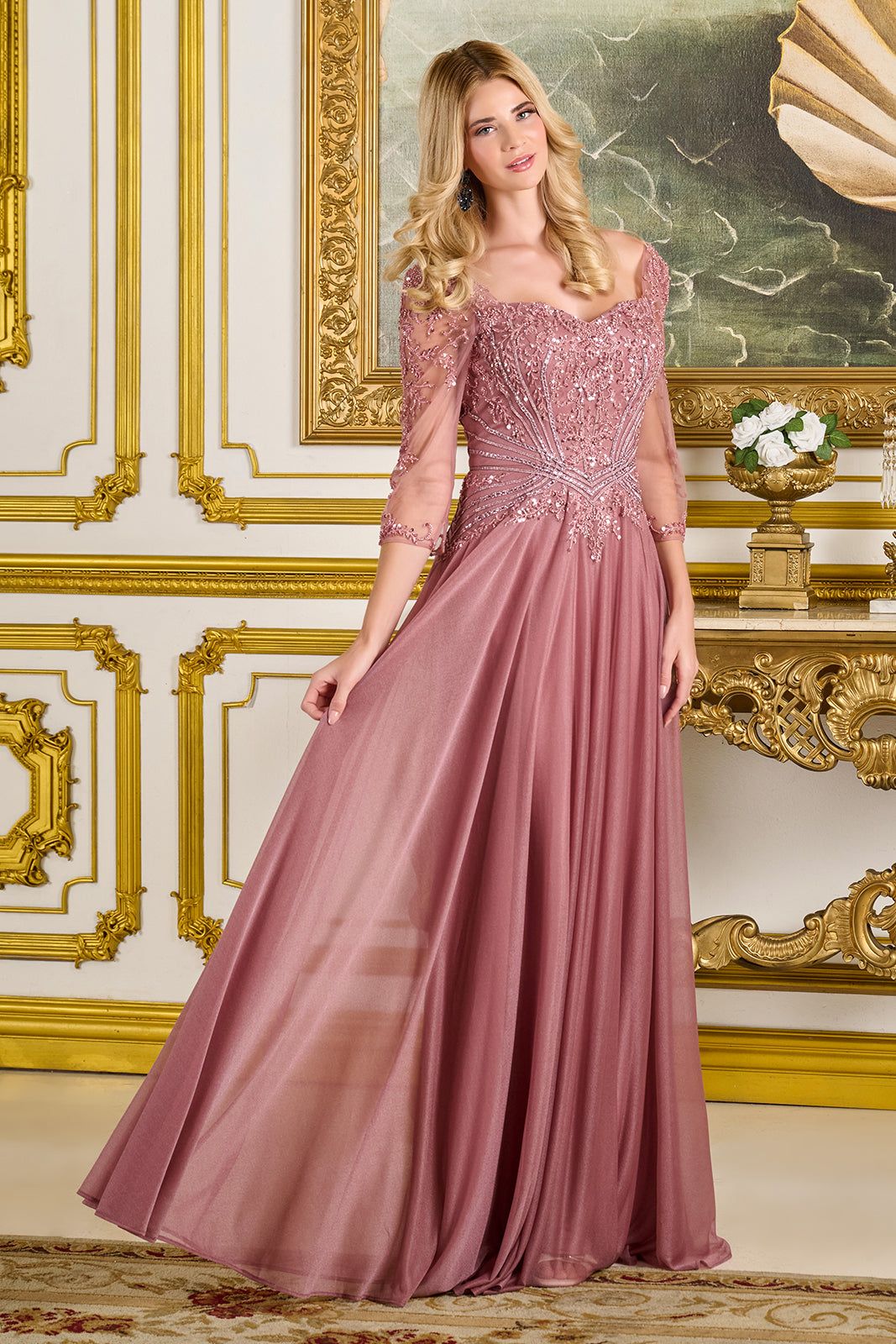 Beaded 3/4 Sleeve A-line Gown by GLS Gloria GL3787