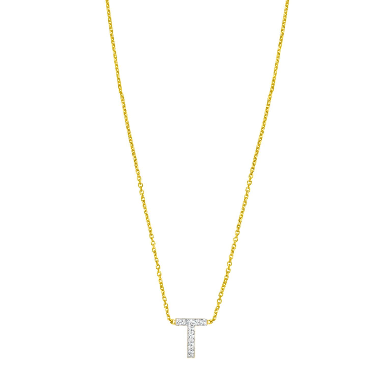 14K Yellow Gold Mini Diamond T Initial Pendant Necklace