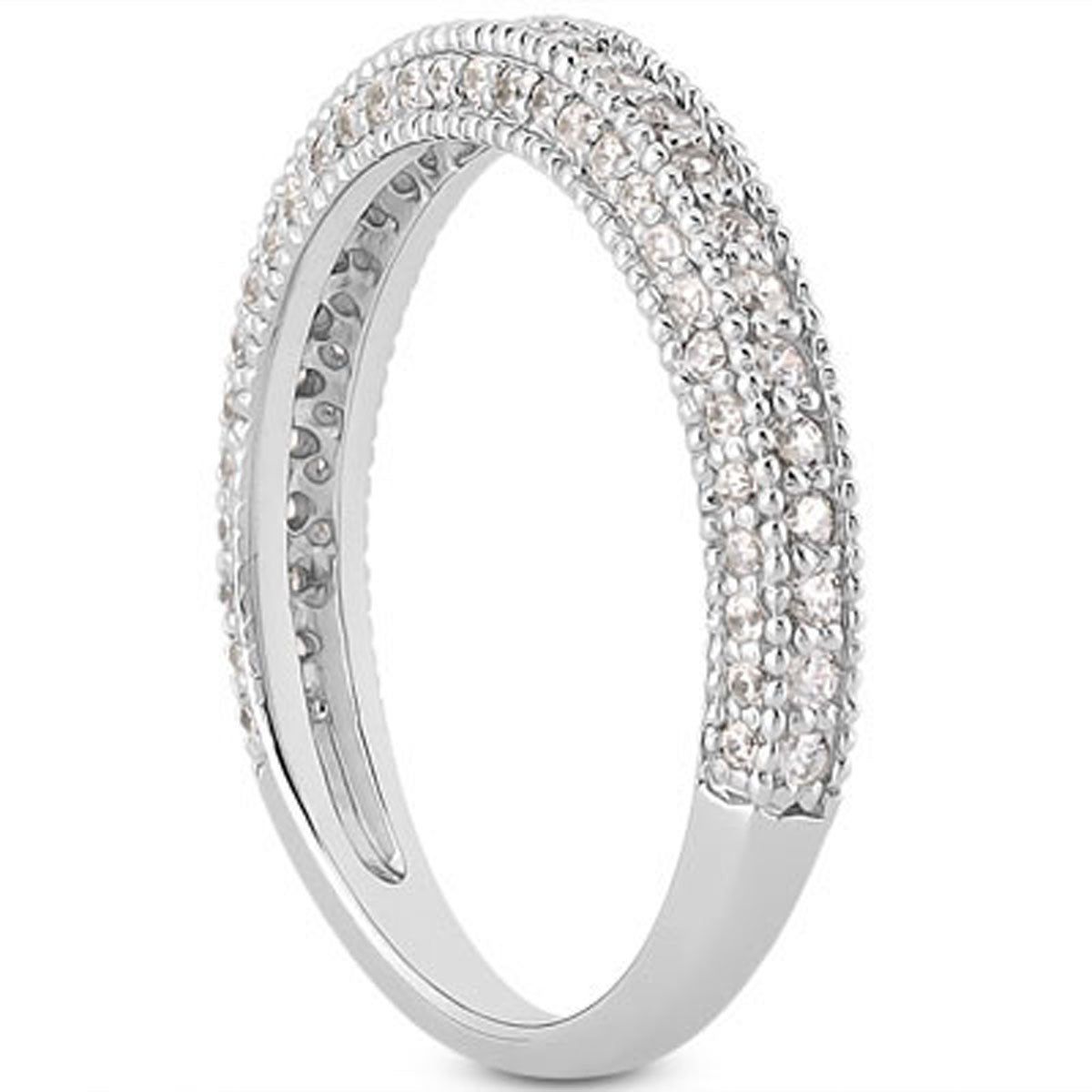 14k White Gold Fancy Pave Diamond Milgrain Textured Wedding Ring Band thumbnail 2