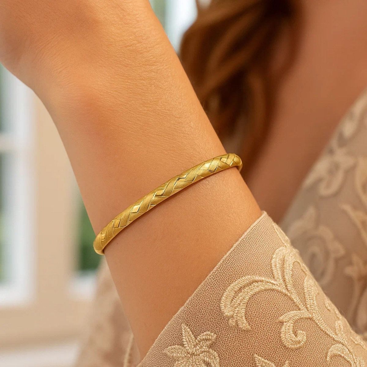 14k Yellow Gold Domed Bangle with a Weave Motif (6.00 mm) thumbnail 5
