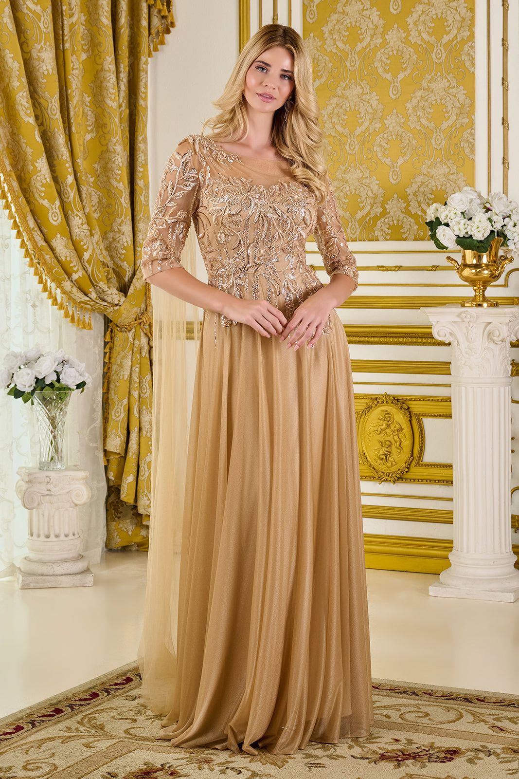 Beaded Mid-Sleeve A-line Gown by GLS Gloria GL3788