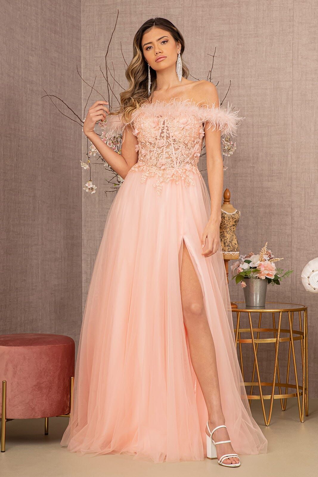 Off Shoulder Feather A-line Gown by GLS Gloria GL3138 - Outlet