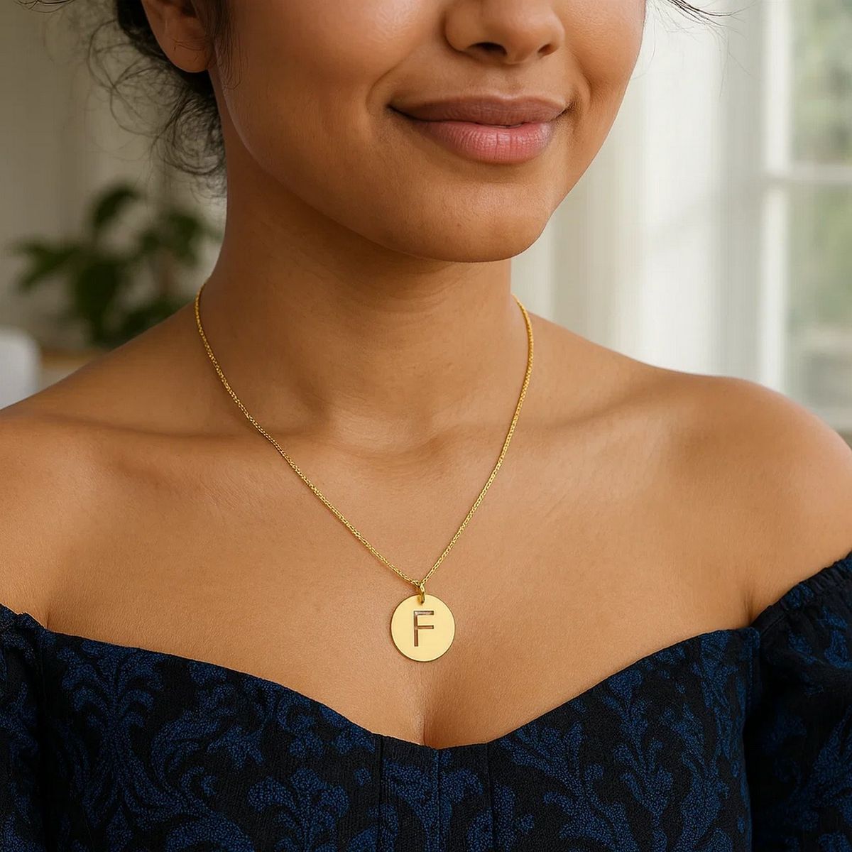14K Yellow Gold Disc Initial F Pendant thumbnail 2