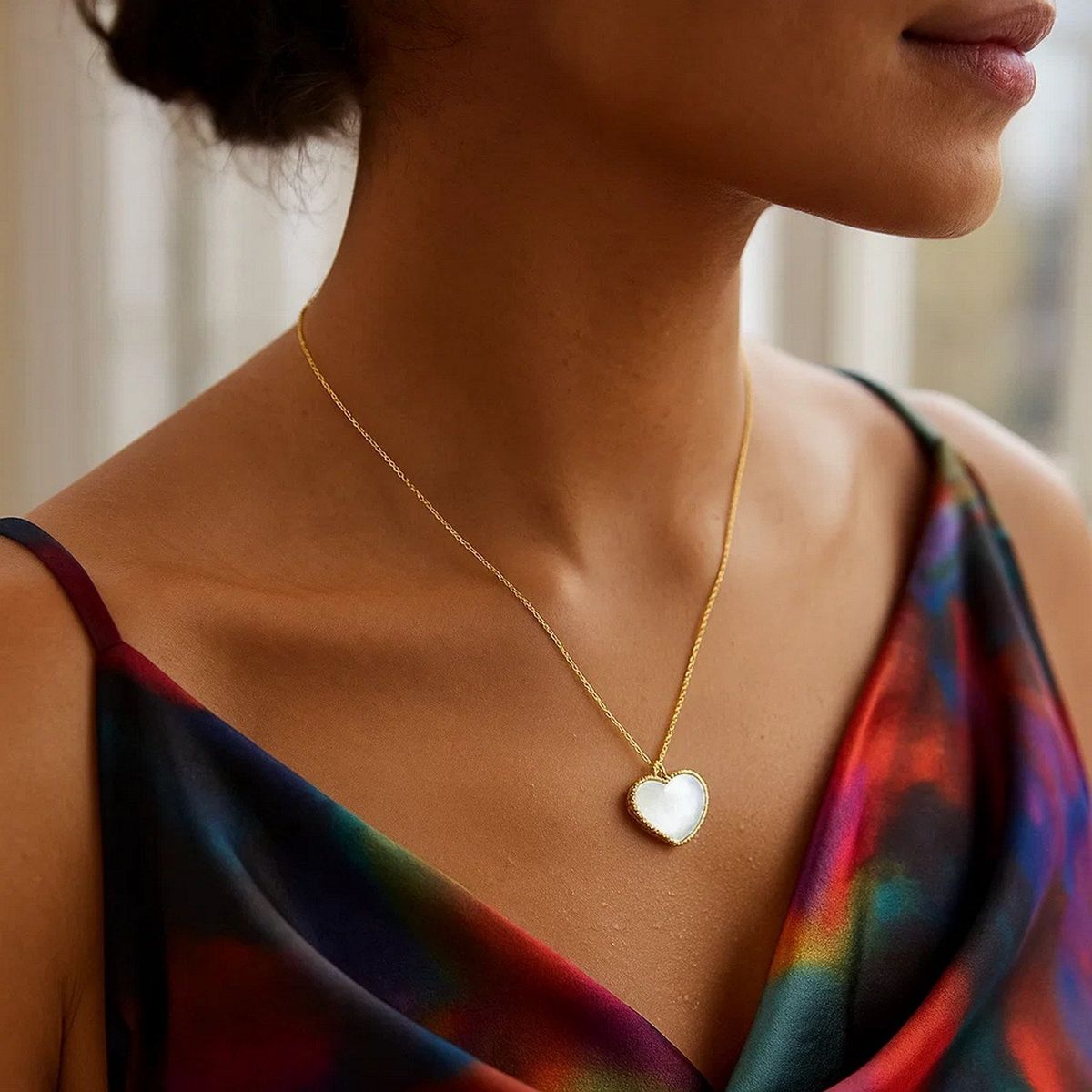 14k Yellow Gold High Polish Heart Pearl Paste Necklace thumbnail 3