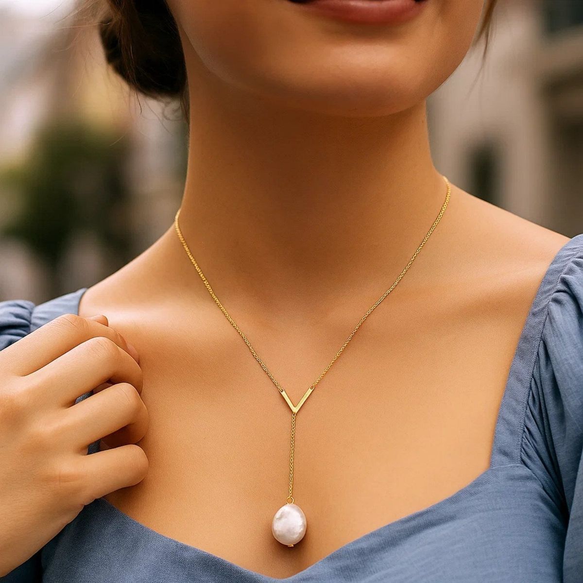 14k Yellow Gold Tesoro Pearl Lariat Necklace thumbnail 4