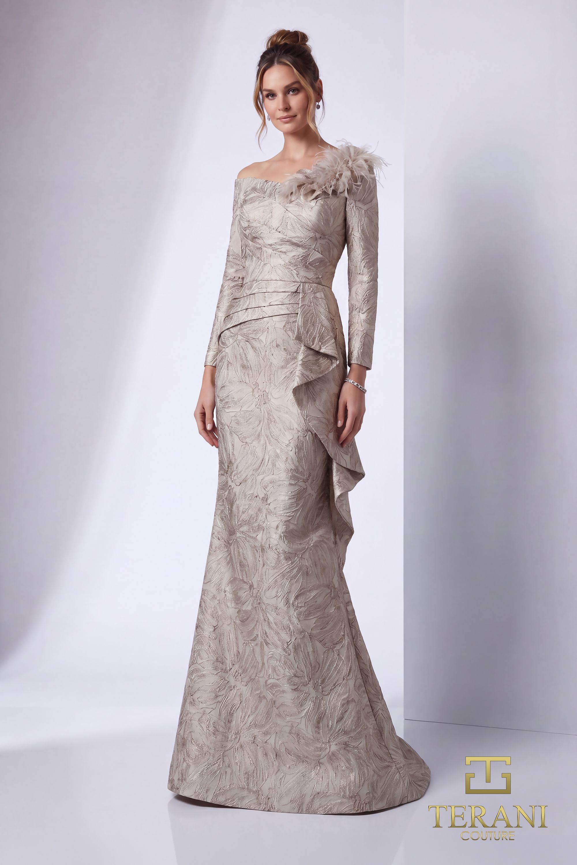 Terani Couture 261M6448 - Pleated Bodice Asymmetric Jacquard Gown
