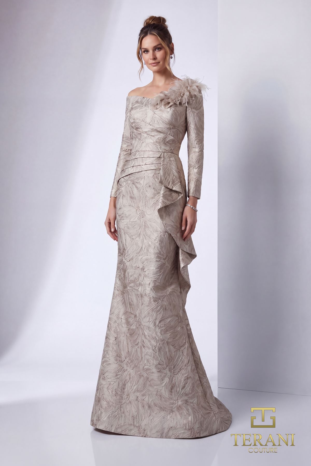 Terani Couture 261M6448 - Pleated Bodice Asymmetric Jacquard Gown