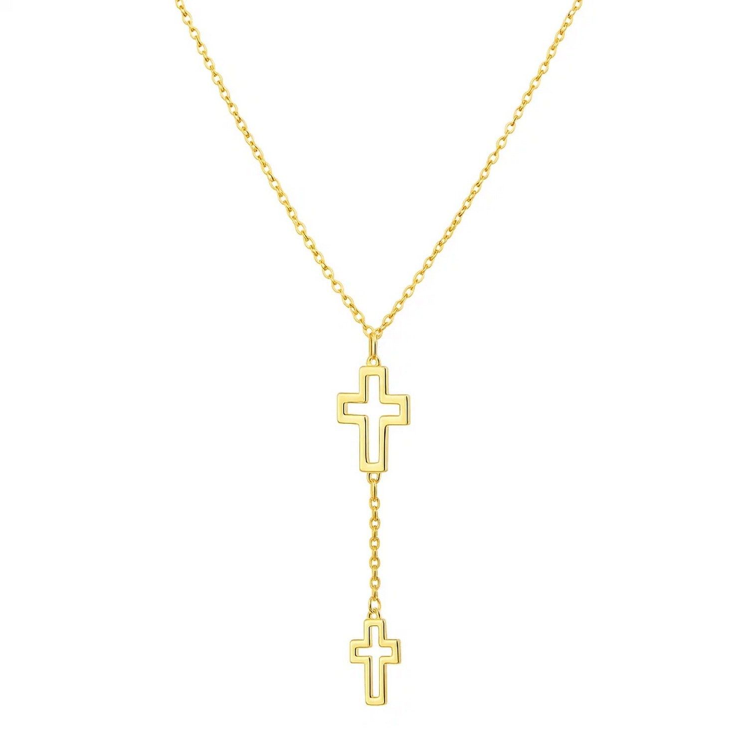 Double Cross Drop Necklace in 14K Yellow Gold