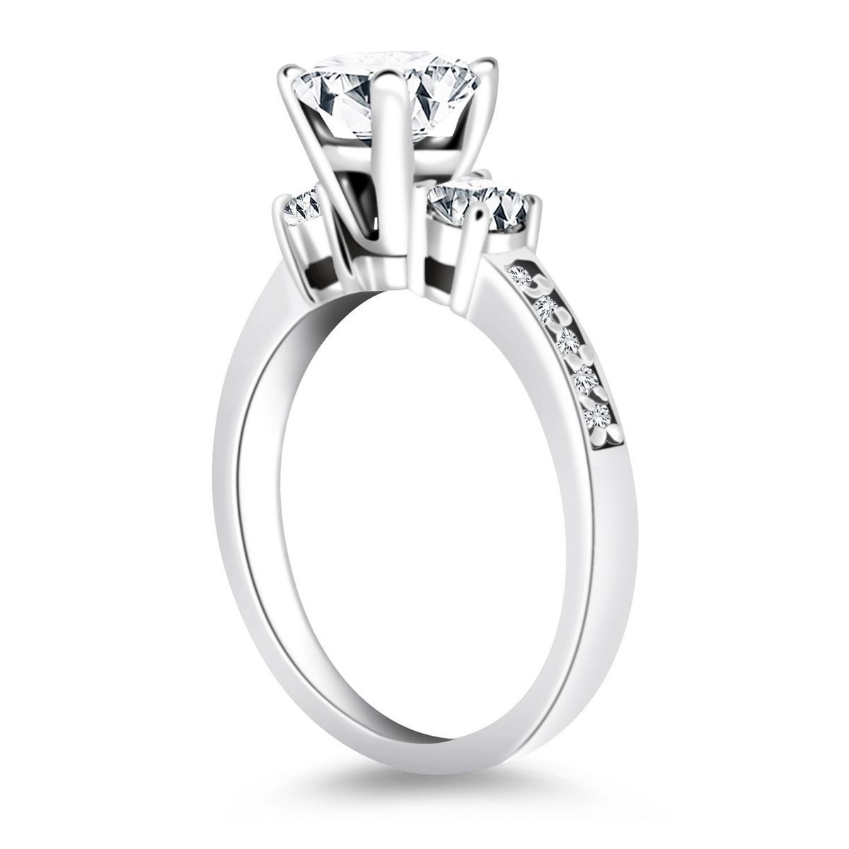 14k White Gold Three Stone Engagement Ring with Diamond Band thumbnail 2