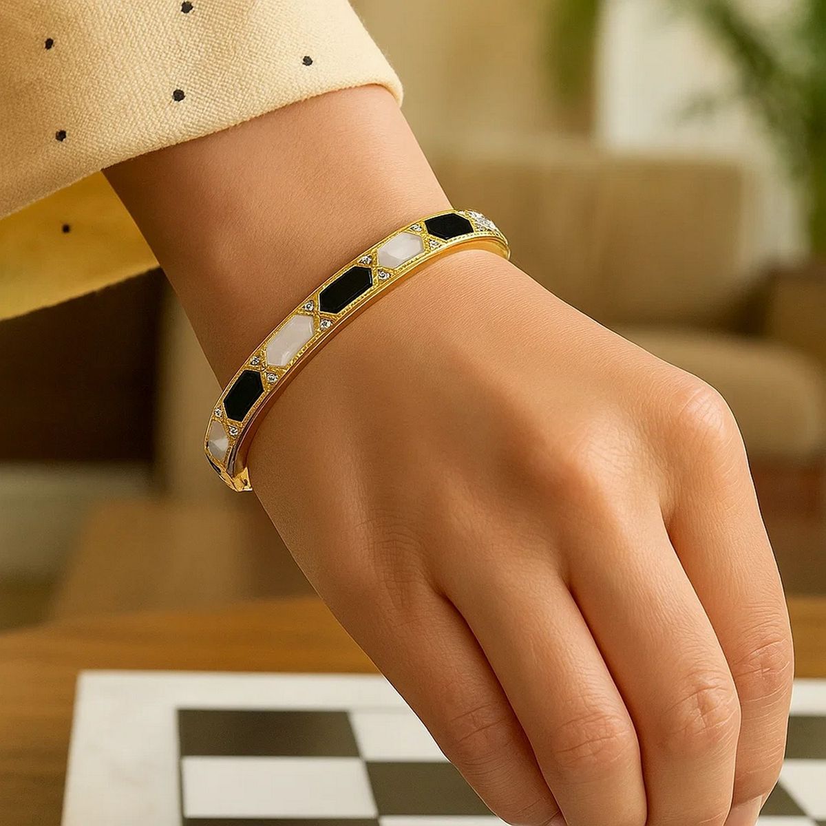 14K Yellow Gold Black And White Art Deco Hexagon Bangle thumbnail 4
