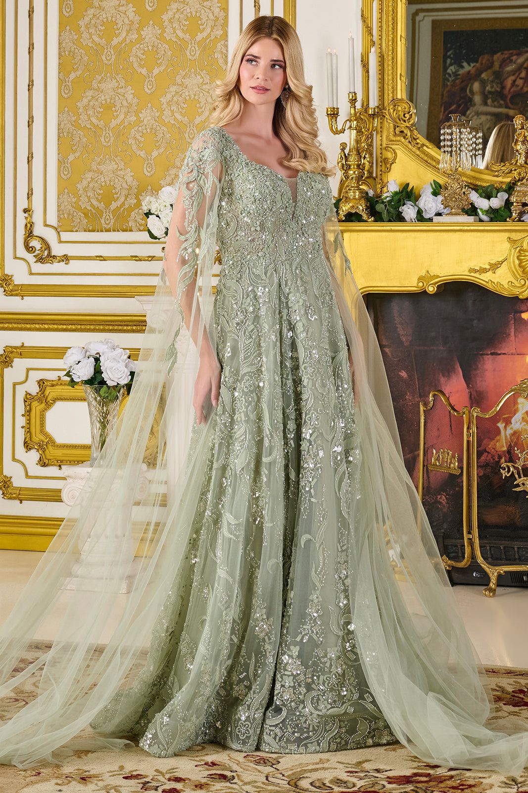 Beaded Cape Sleeve A-line Gown by GLS Gloria GL3838