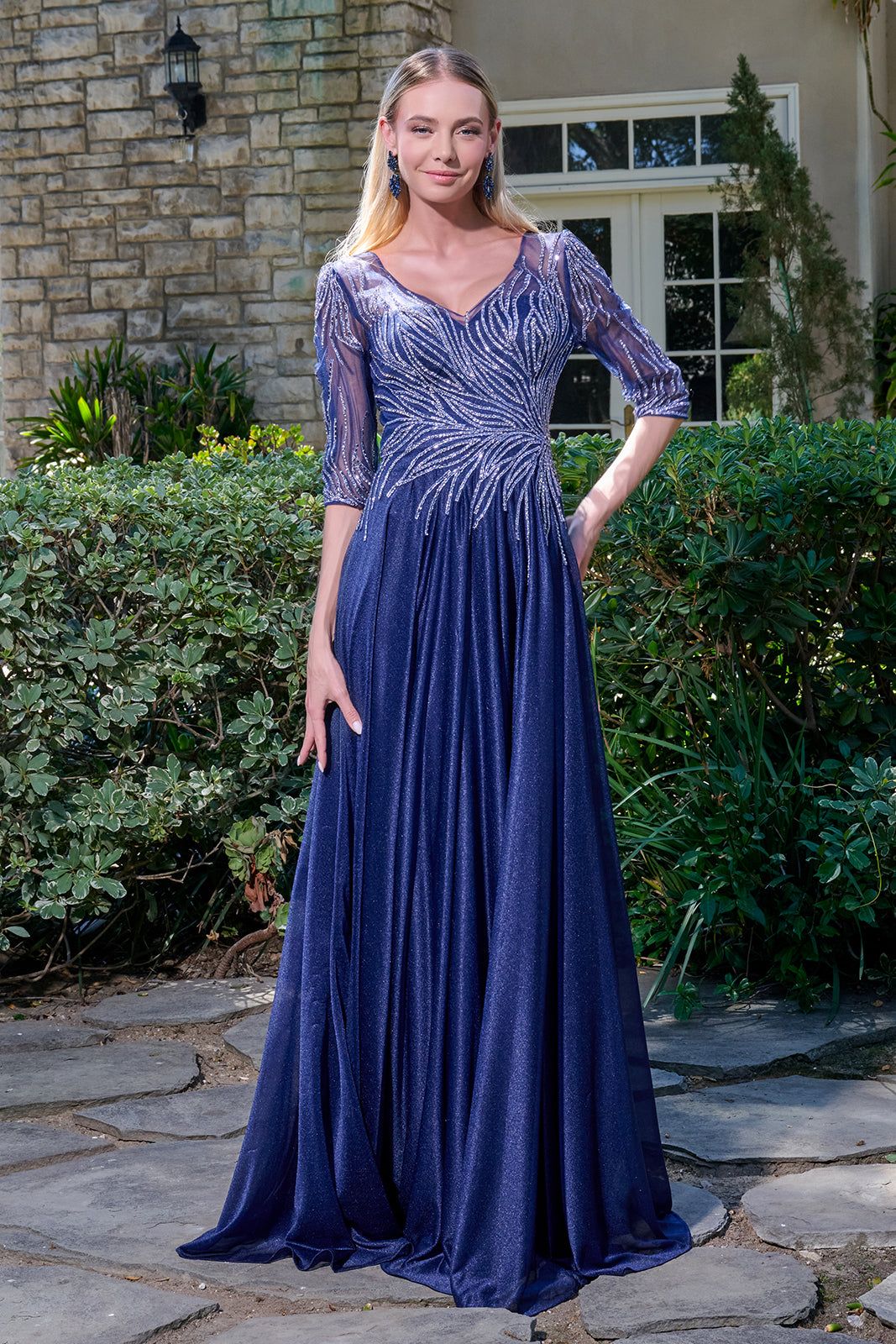 Beaded Mid-Sleeve A-line Gown by GLS Gloria GL3739