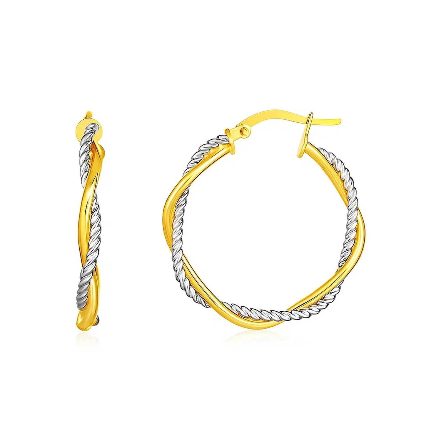 14k Yellow and White Gold Two Part Textured Twisted Round Hoop Earrings(3x23mm)