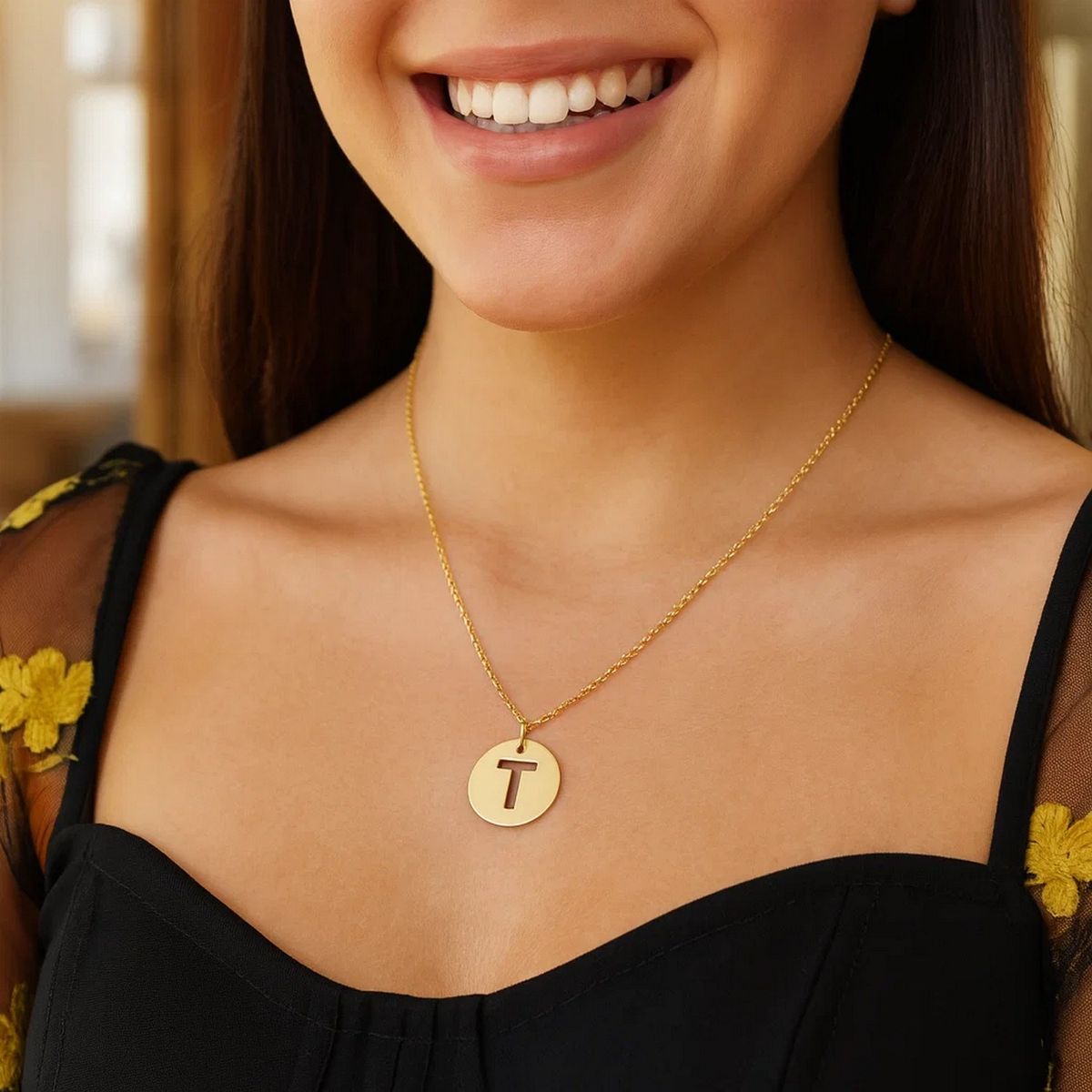 14K Yellow Gold Disc Initial T Pendant thumbnail 2