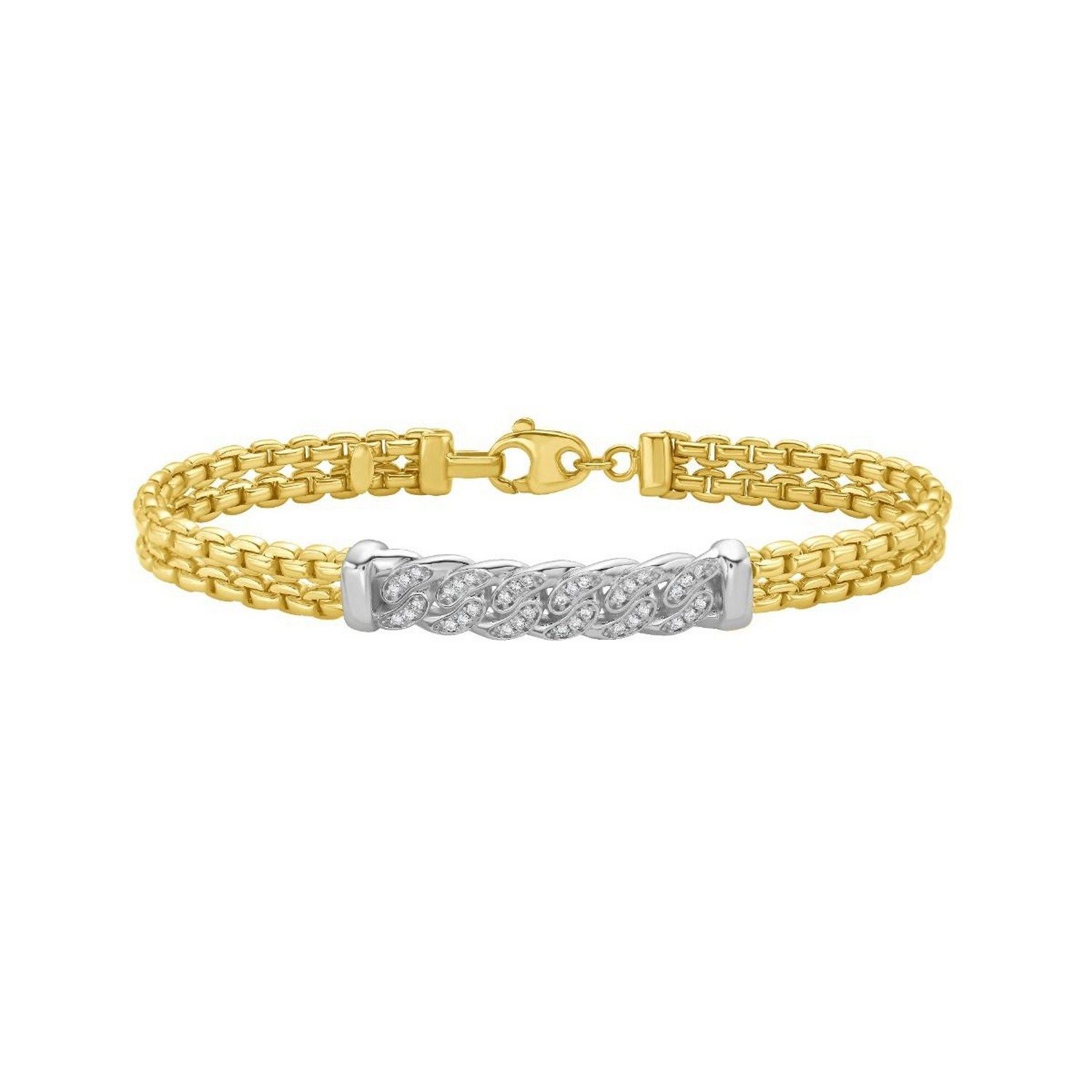 14K Yellow Gold Polished Venetian Link Diamond Pave Curb Bar Bracelet