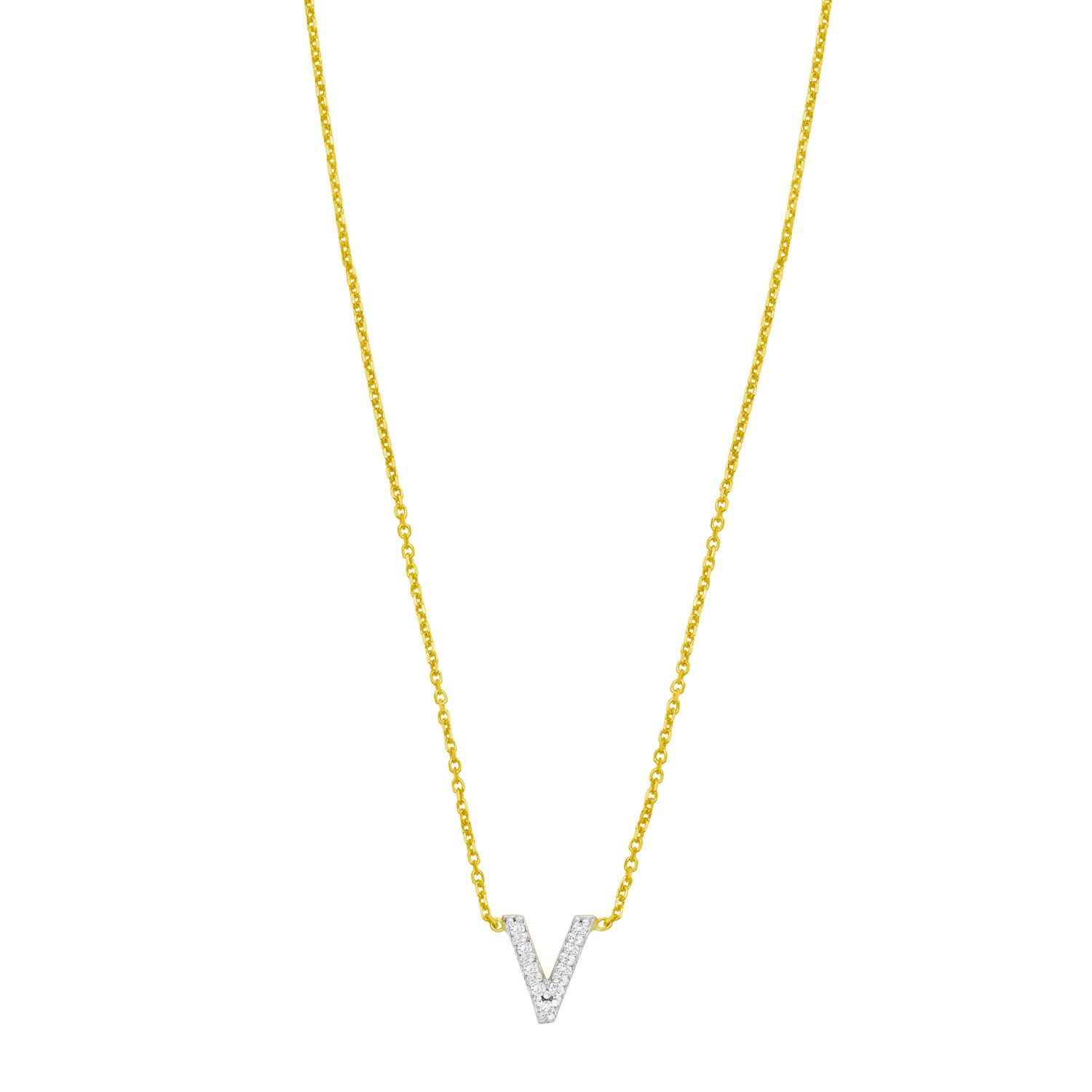 14K Yellow Gold Mini Diamond V Initial Pendant Necklace