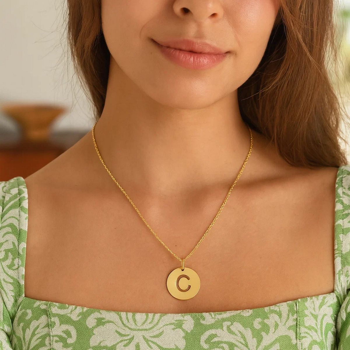 14K Yellow Gold Disc Initial C Pendant thumbnail 3
