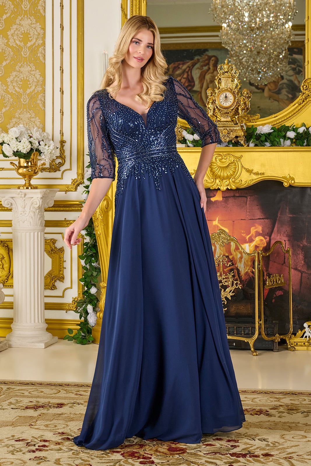 Beaded 3/4 Sleeve A-line Gown by GLS Gloria GL3796
