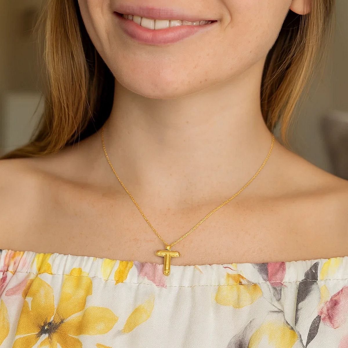 14K Yellow Gold Helium Initial T Pendant thumbnail 4