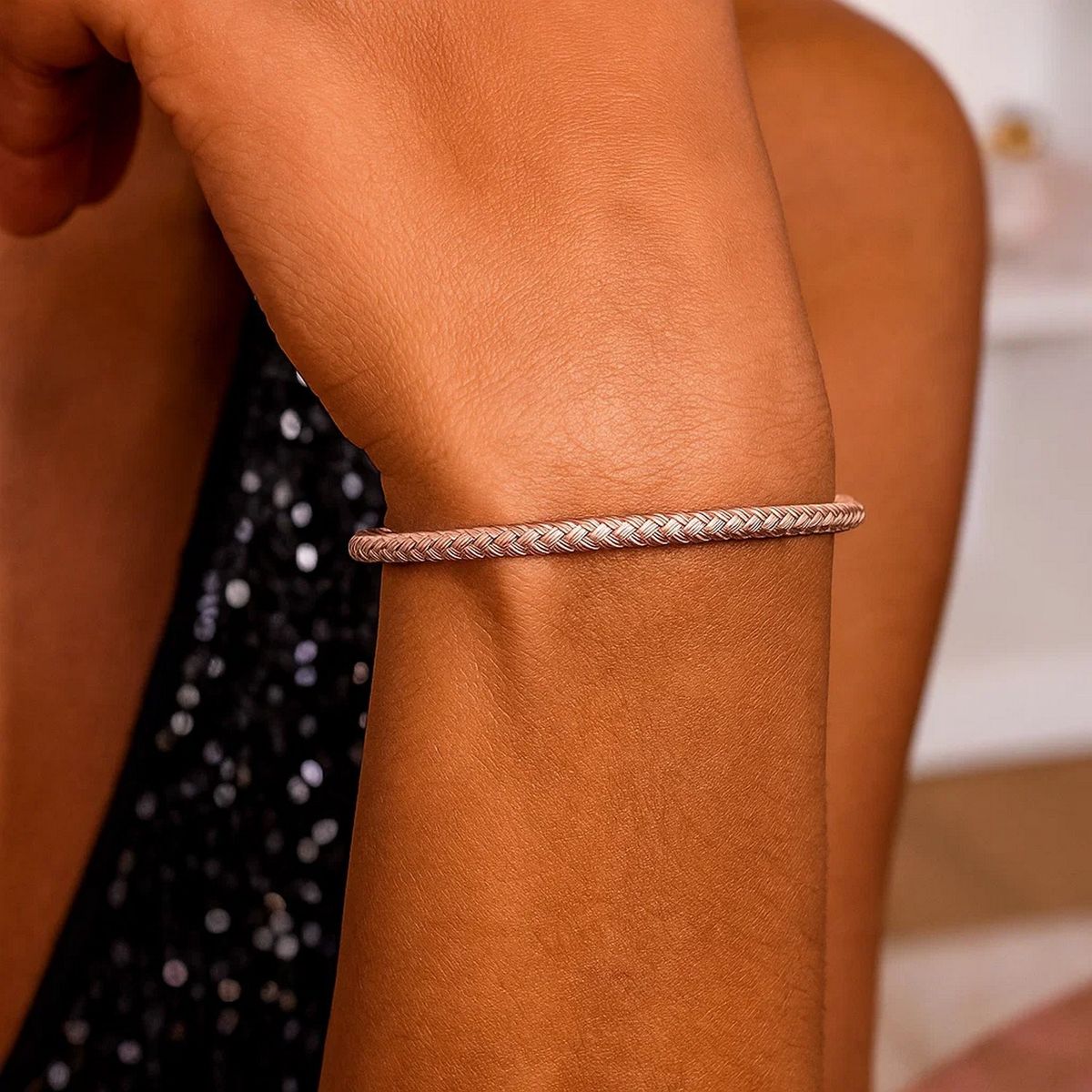 14k Rose Gold Fancy Weave Motif Bangle (3.40 mm) thumbnail 4