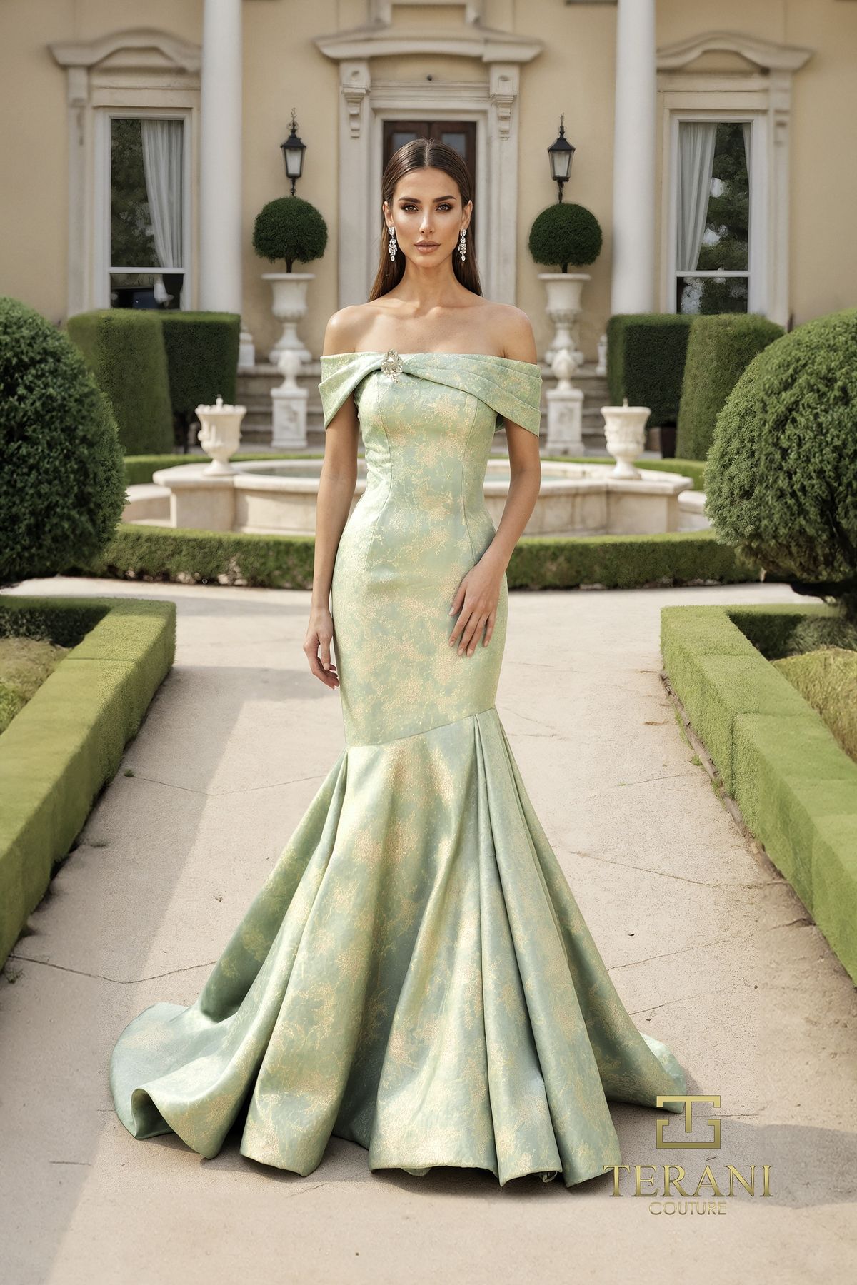 Terani Couture 261M6445 - Brocade Off Shoulder Evening Dress