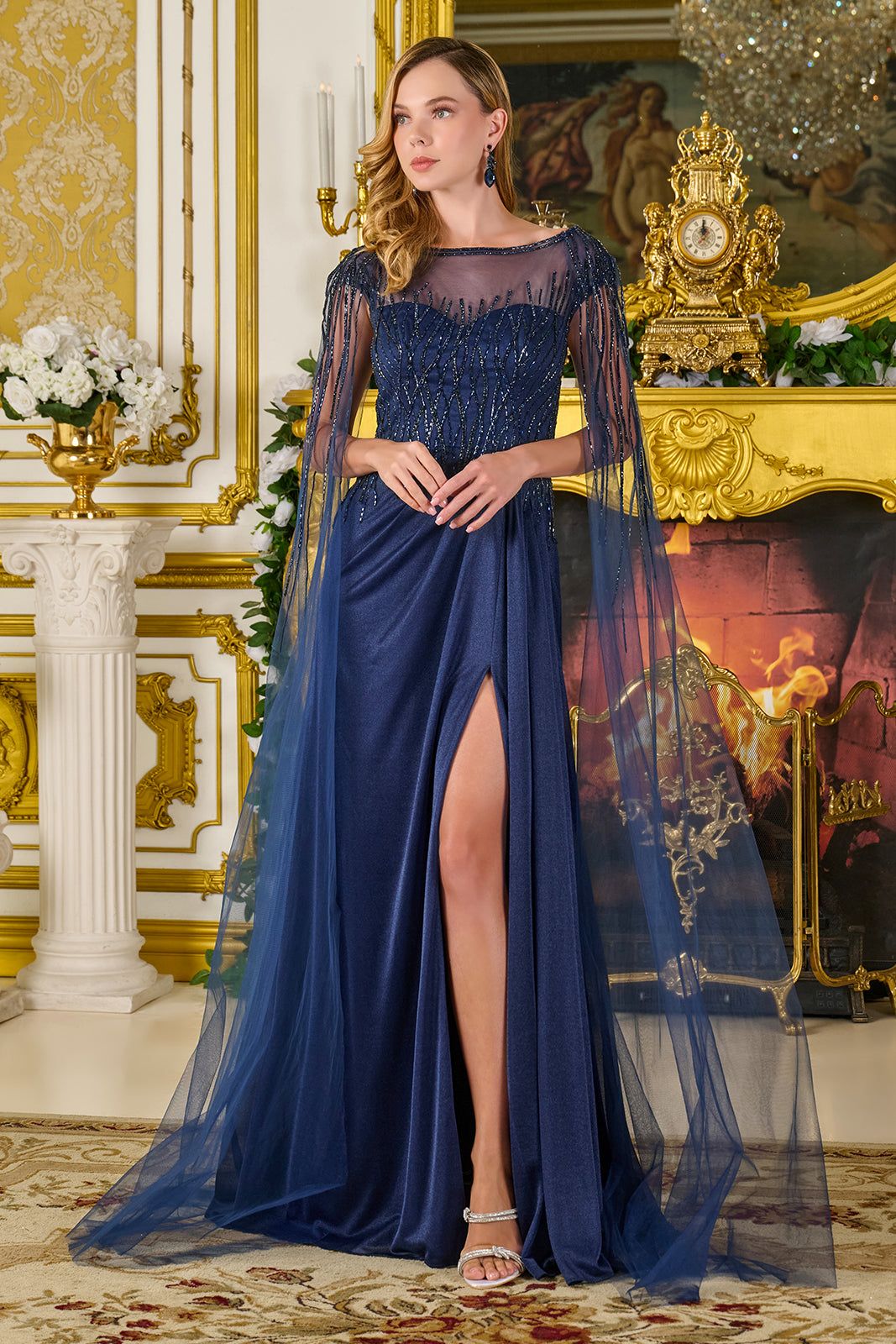 Cape Sleeve A-line Slit Gown by GLS Gloria GL3784