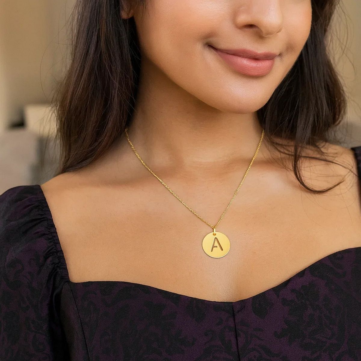 14K Yellow Gold Disc Initial A Pendant thumbnail 3