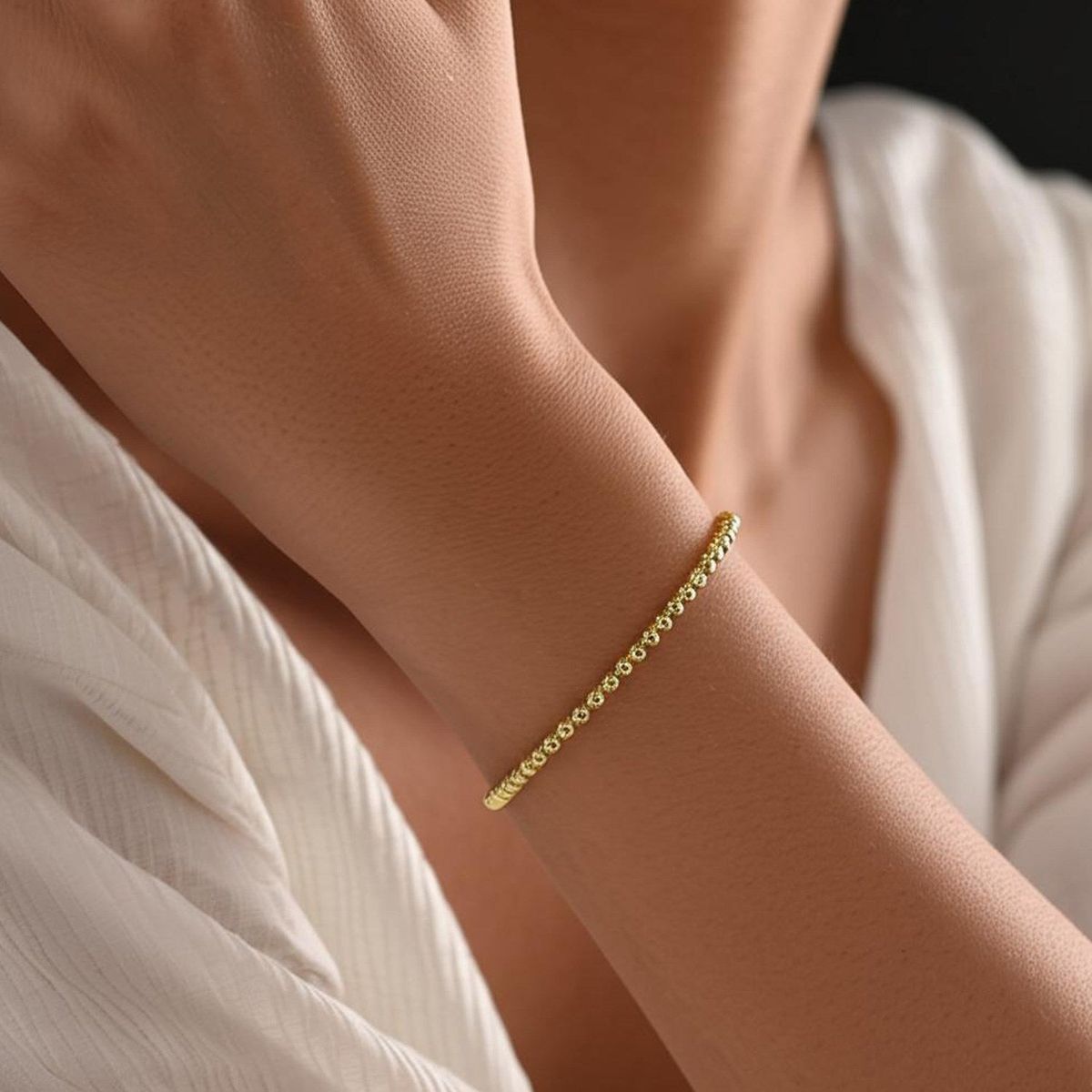 14k Yellow Gold High Polish Bead Cuff Bangle (3.00 mm) thumbnail 2