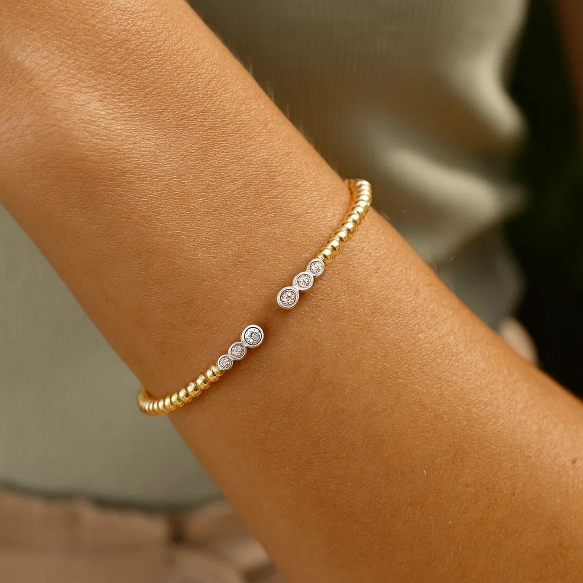 14K Two Tone Polish Diamond Pallina Open Beaded Cuff Bangle (3.00 mm) thumbnail 5