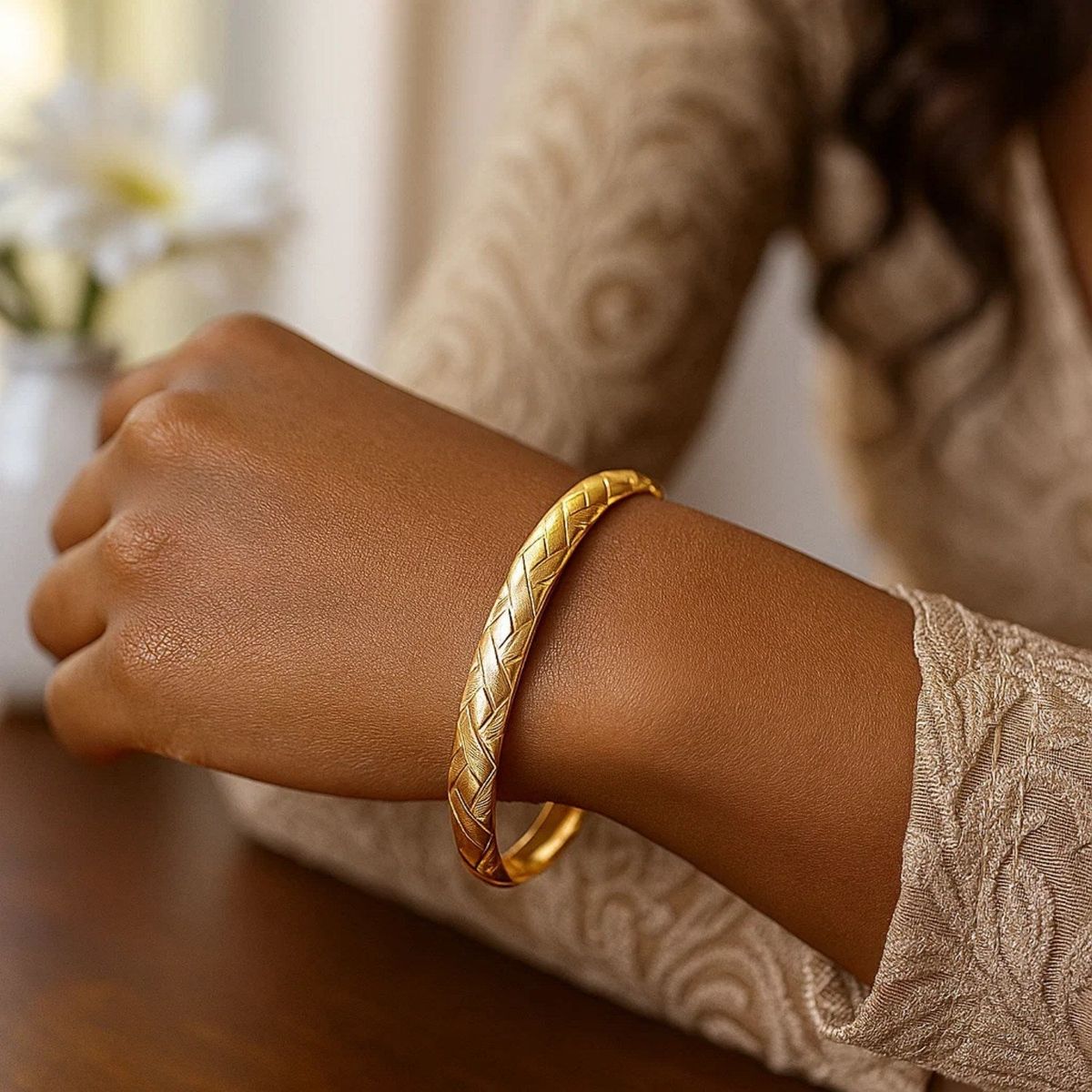 14k Yellow Gold Domed Bangle with a Weave Motif (6.00 mm) thumbnail 6