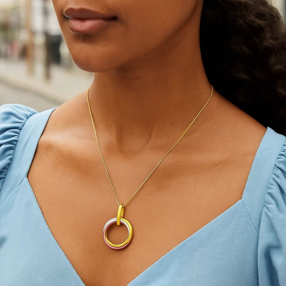 14k Tri-Color Gold Open Interlaced Ring Pendant thumbnail 3